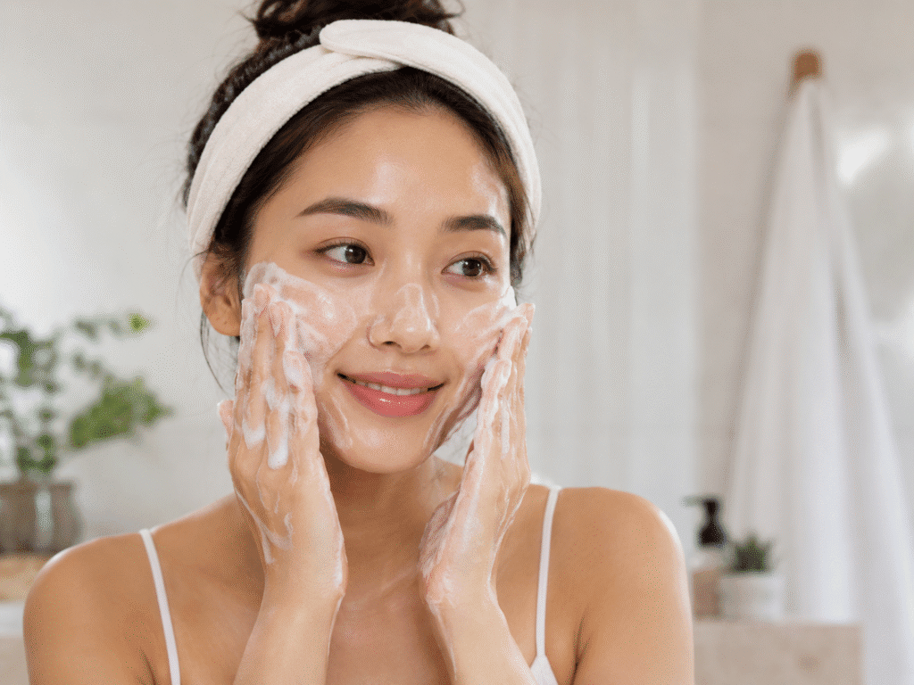 Portrait of a woman cleansing her face with foaming facial cleanser