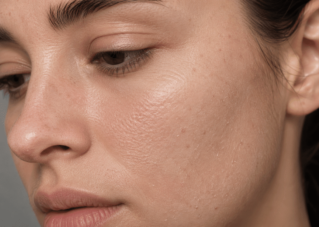 close up of dehydrated and dry facial skin showing rough texture and lack of moisture