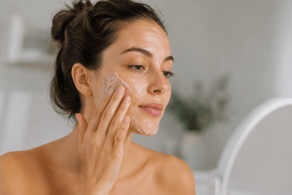 woman applying exfoliating cream during skincare routine in a minimal bathroom setting