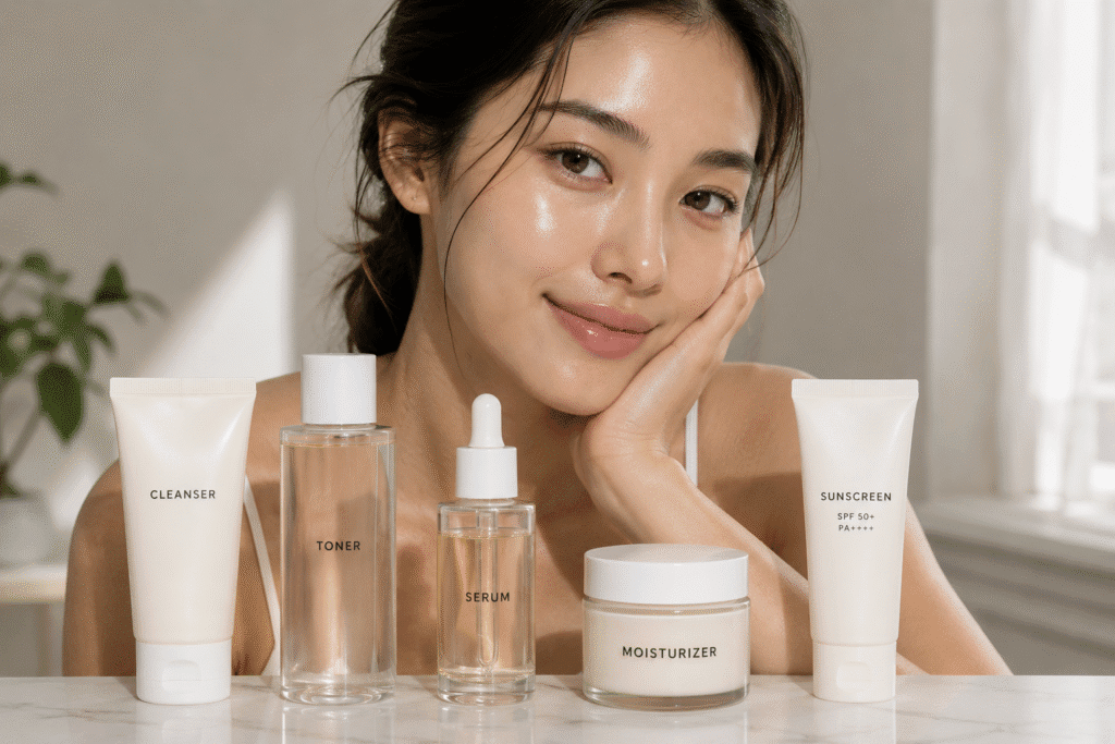 How to Get Dewy Skin Without Makeup 4 woman with naturally dewy glowing skin posing behind minimalist skincare products