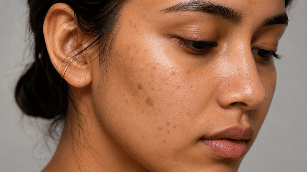 Toner for Dark Spots: Improve Uneven Skin Tone 1 close up of facial skin with visible dark spots and uneven skin texture