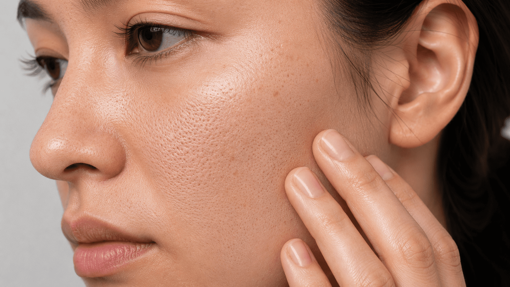 close up of a woman touching her face with visible enlarged pores and textured skin