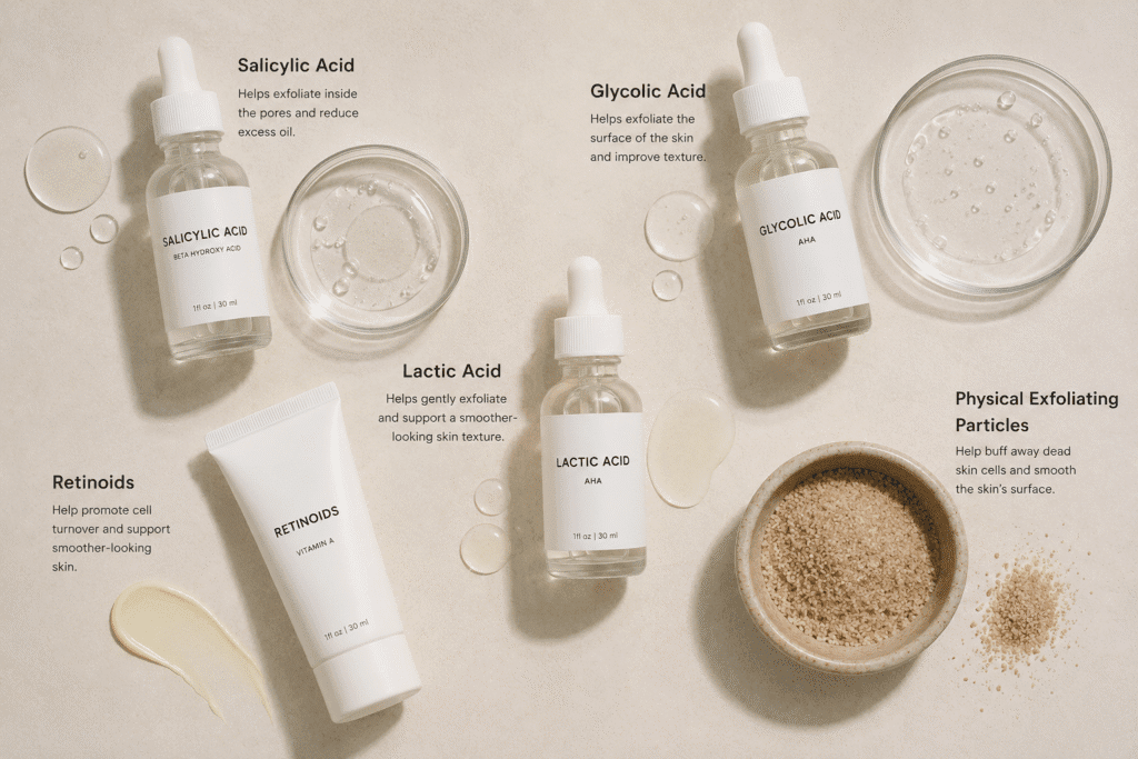 Over Exfoliated Skin: Signs, Causes, and Why It Happens 5 Flatlay image of Skincare ingredients and their benefits