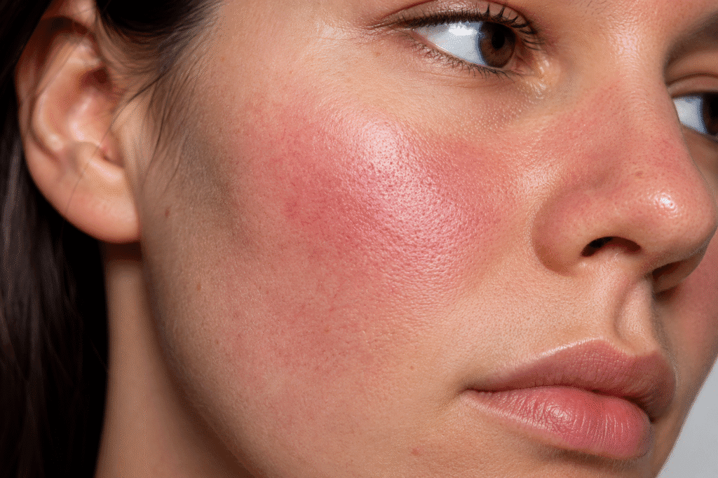 Over Exfoliated Skin: Signs, Causes, and Why It Happens 3 close up of facial redness and sensitive irritated skin texture