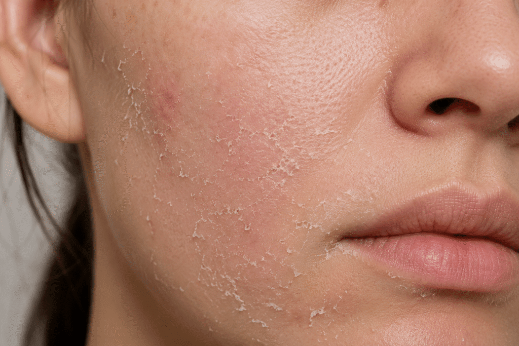 Over Exfoliated Skin: Signs, Causes, and Why It Happens 4 Close-up of dry peeling skin