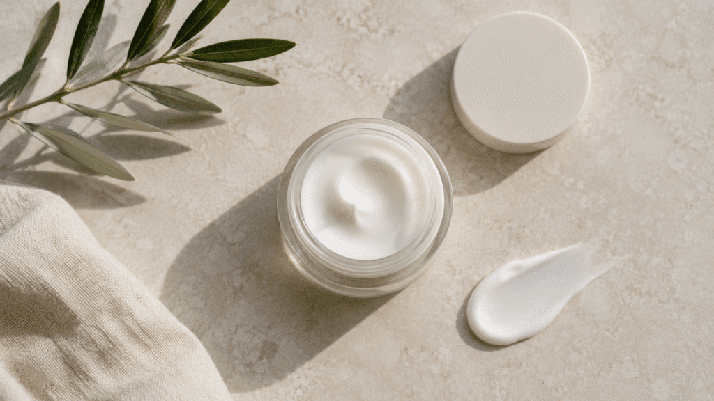 minimal flatlay of moisturizer cream jar with skincare texture on beige background