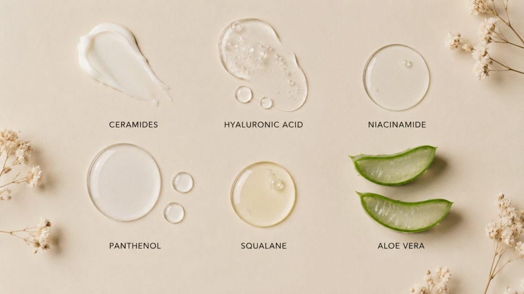 How to Fix Over Exfoliated Skin and Repair the Barrier 4 Flatlay image of skincare ingredients