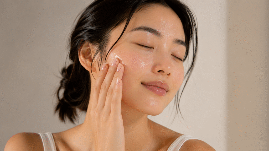 How to Fix Over Exfoliated Skin and Repair the Barrier 2 close up of woman hydrating her face with skincare for healthy glowing skin