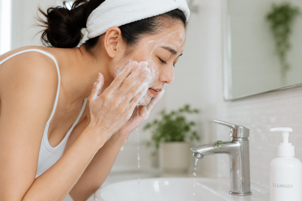 woman washing face with foaming cleanser in a minimal skincare routine