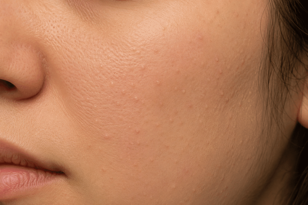 close up of facial skin texture with tiny bumps and clogged pores