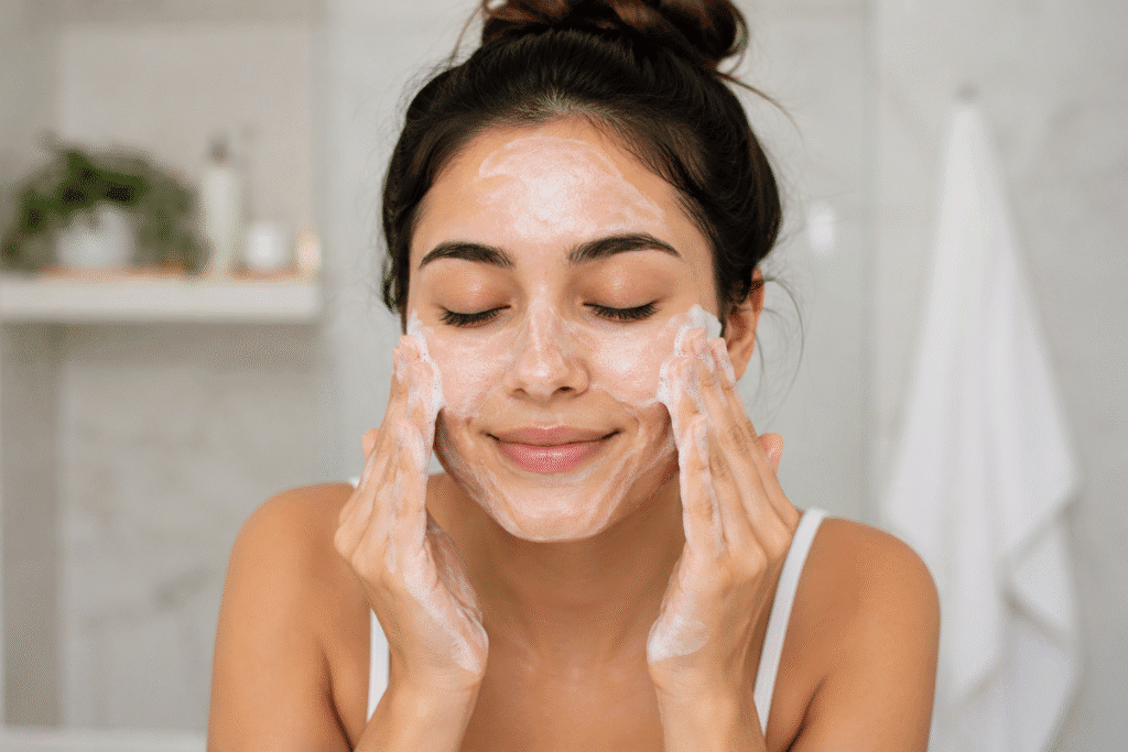 How to Know About Your Skin Type and Why It Matters 2 woman washing her face with a foaming facial cleanser during a skincare routine