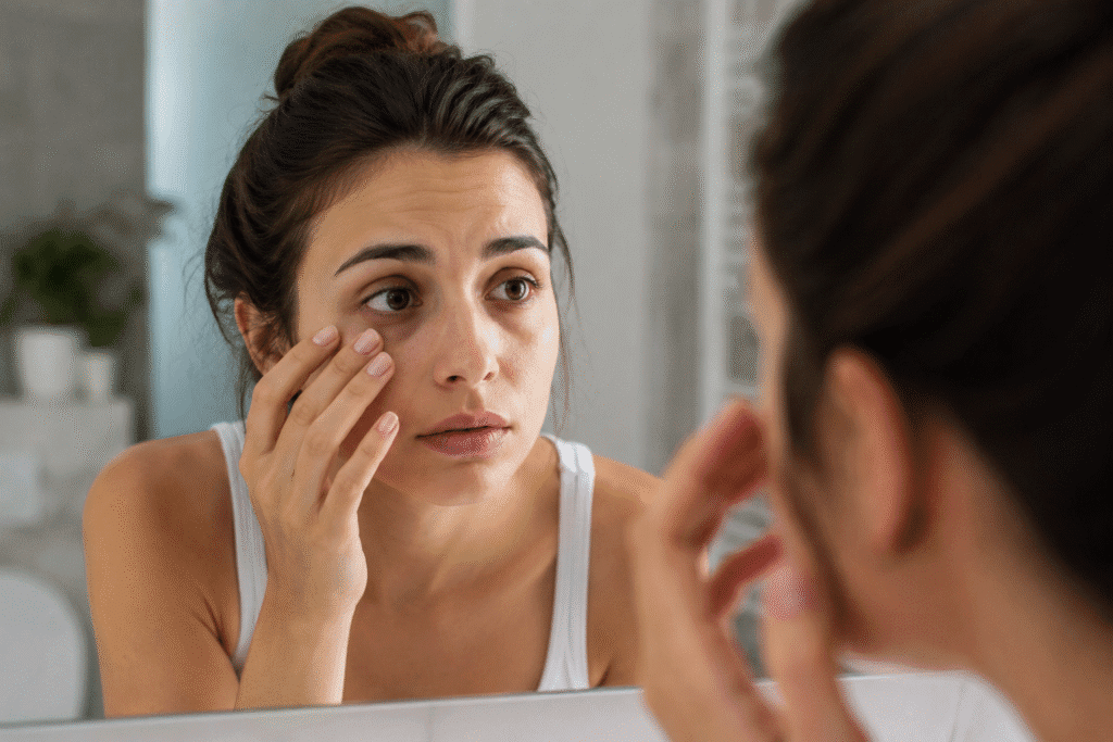 woman checking her under-eye area in the mirror during skincare routine