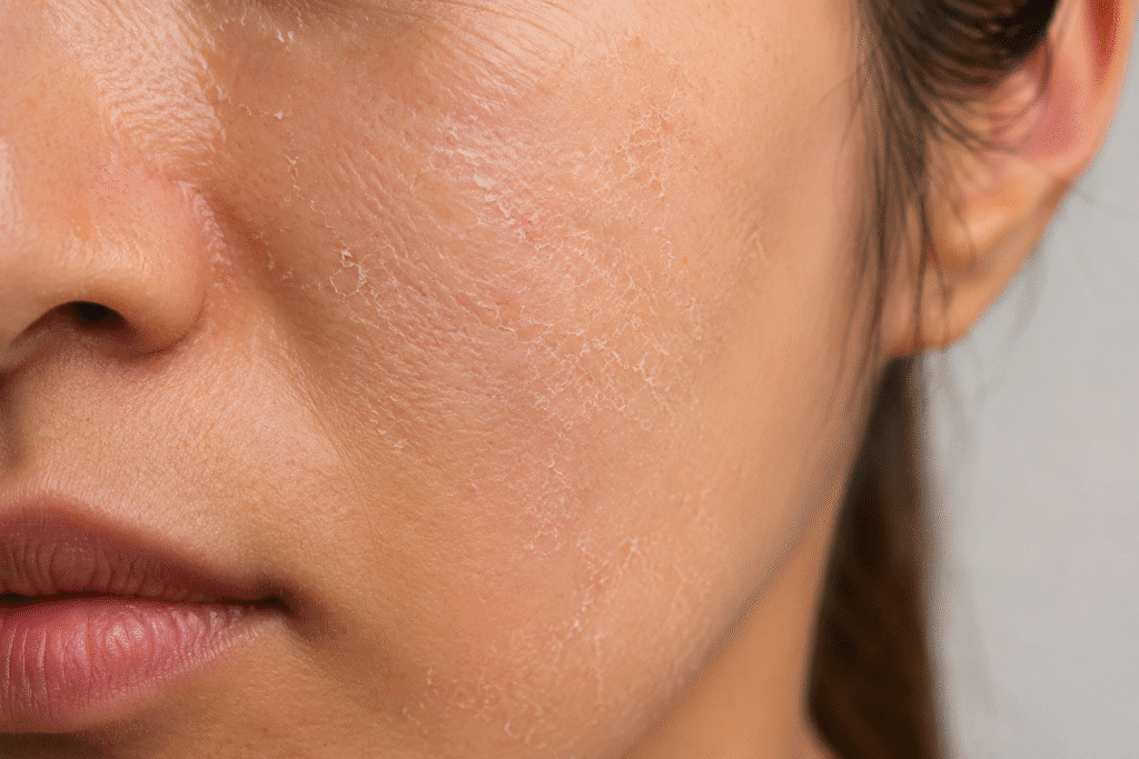 close up of dehydrated facial skin with visible dryness and flaking texture