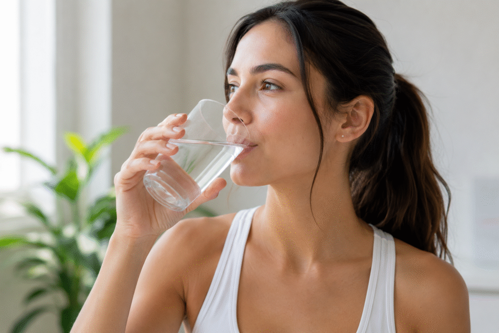 woman drinking water to support skin hydration and healthy-looking skin