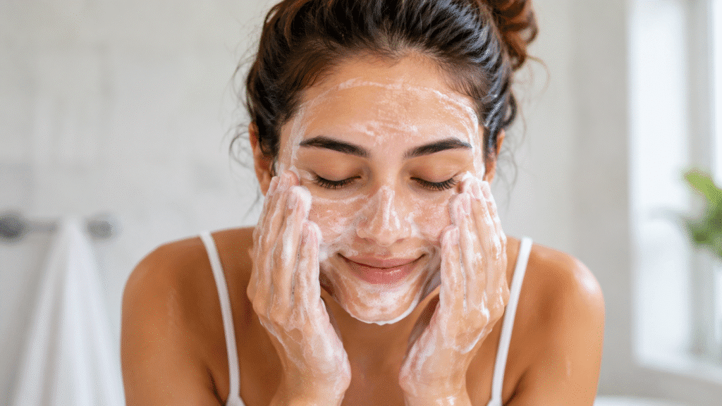 close up of a woman washing her face with foaming cleanser in a bright bathroom