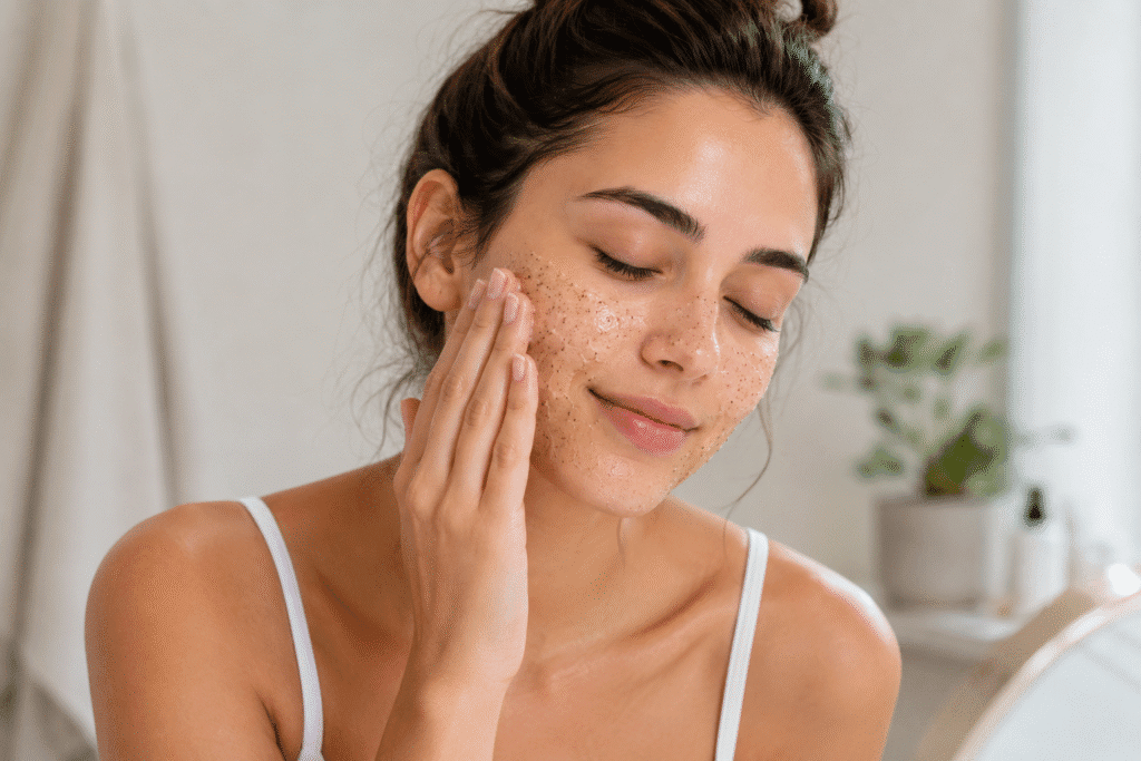 woman gently exfoliating her face with facial scrub during skincare routine