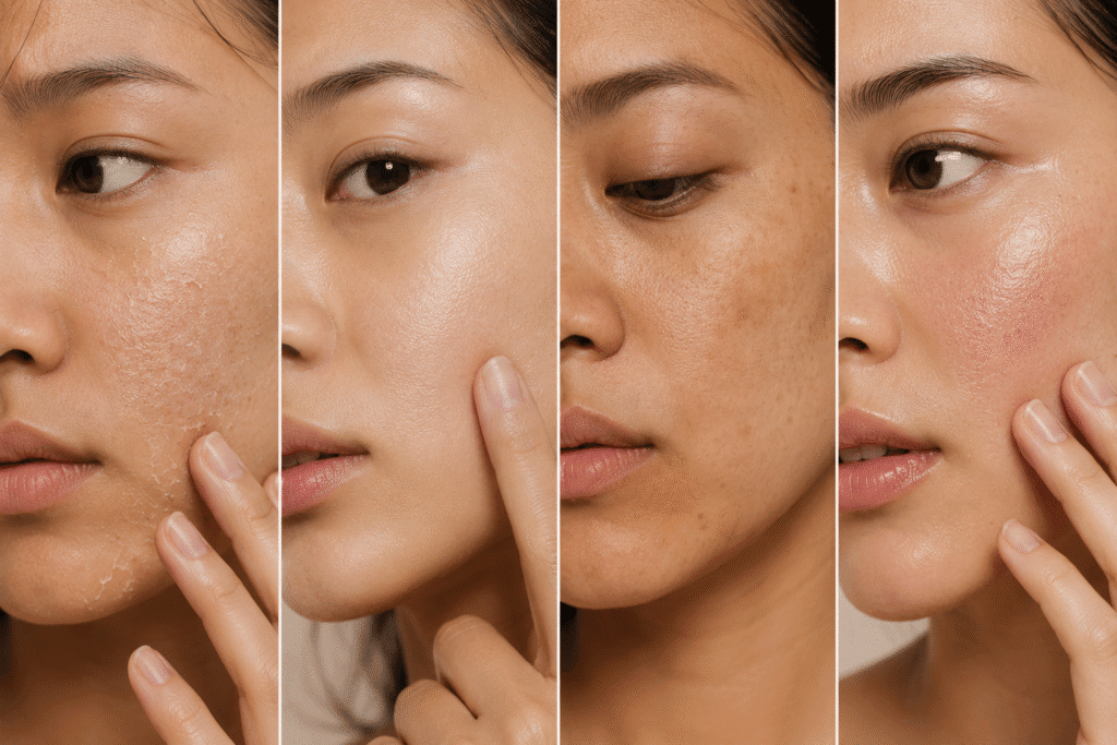 Skin Flooding: The Hydration Trend for Healthier Skin 1 Close-up collage of different skin concerns including dryness, dullness, rough texture, and dehydration on glowing facial skin