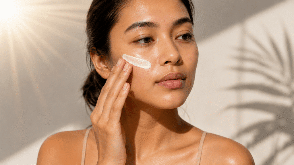 Toner for Dark Spots: Improve Uneven Skin Tone 4 woman applying sunscreen on her face in natural sunlight to help protect skin from dark spots