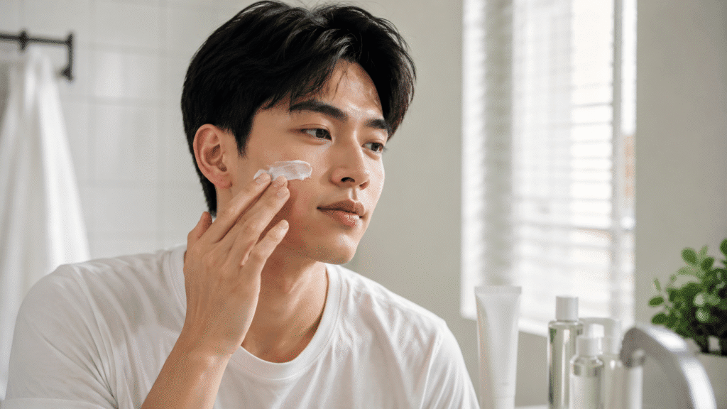 Portrait of a man applying sunscreen