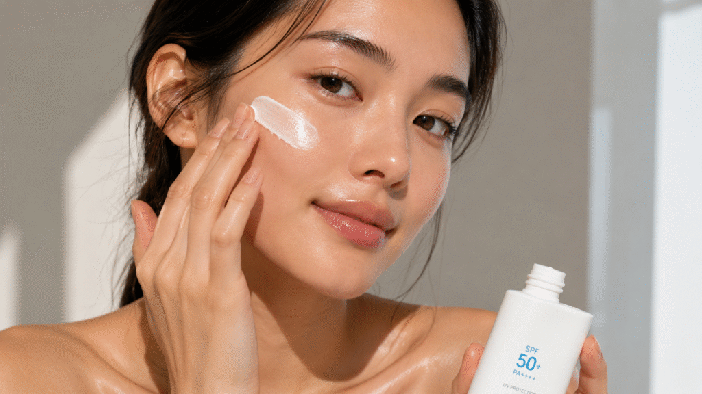 How to Get Dewy Skin Without Makeup 3 Portrait of a woman applying sunscreen