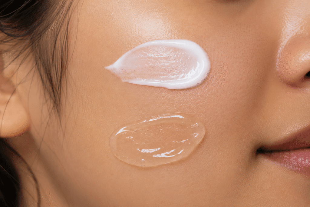 Close-up of a woman’s cheek with two moisturizer swatches