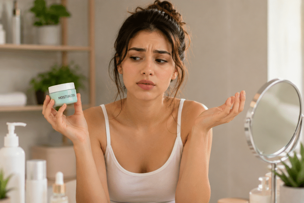 Lightweight Moisturizer for Oily Acne Prone Skin 1 Confused young woman holding a moisturizer jar