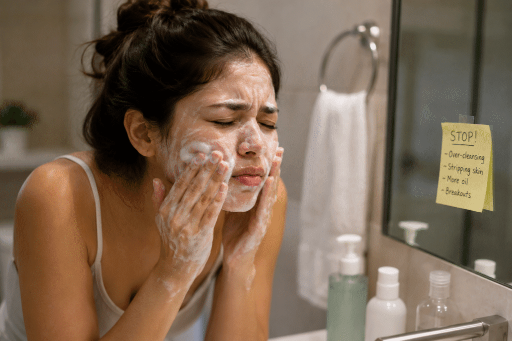 Lightweight Moisturizer for Oily Acne Prone Skin 4 Woman aggressively washing her face