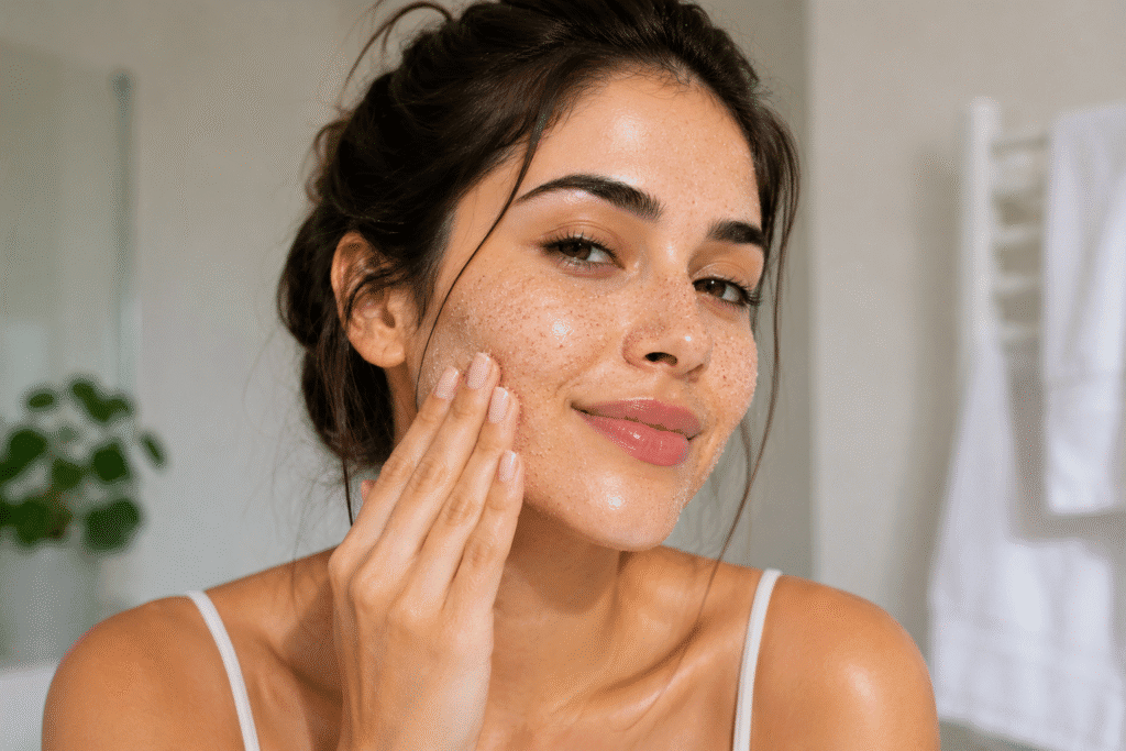 Woman exfoliating her face