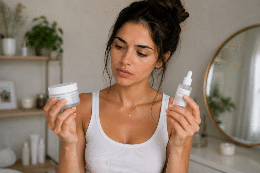 Woman comparing a moisturizer jar and serum bottle