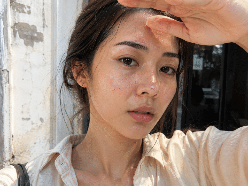 photo of a woman outdoors in hot sunny weather