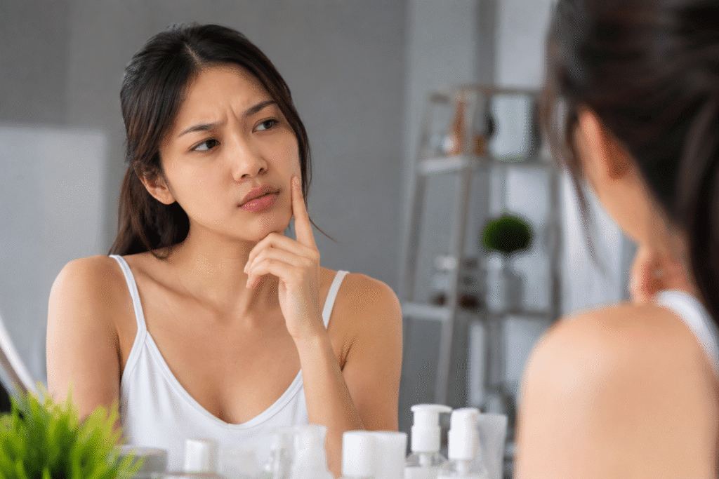 Portrait of a woman looking at her reflection in the mirror