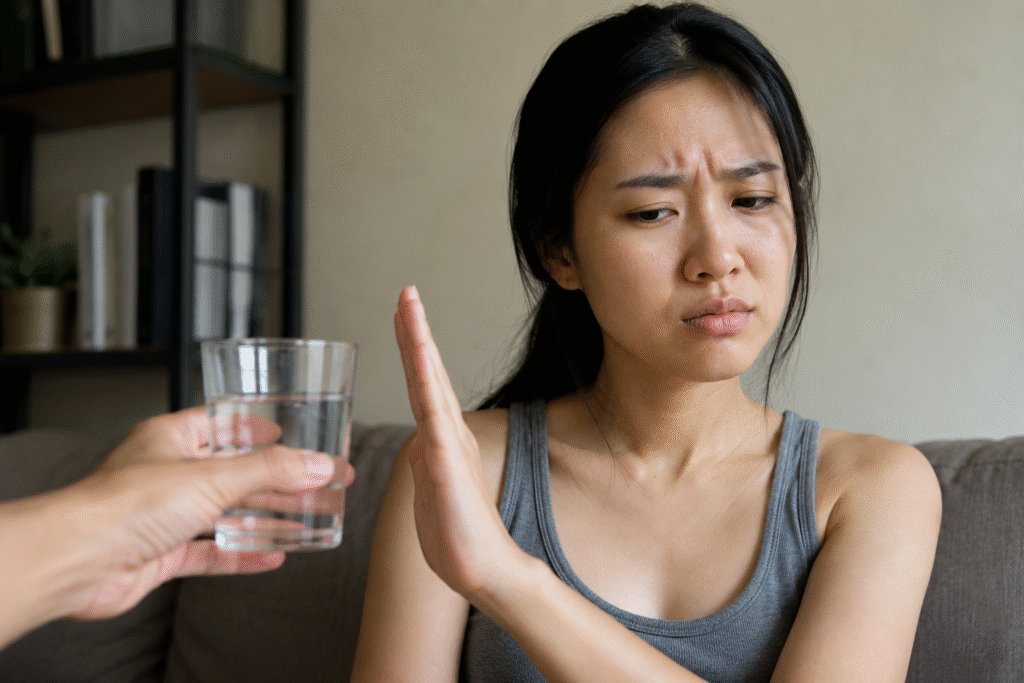 Photo of a woman refusing to drink water