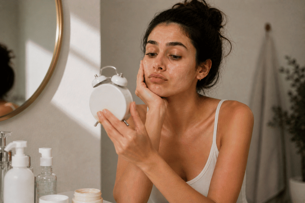 Woman waiting between skincare routine steps while checking time