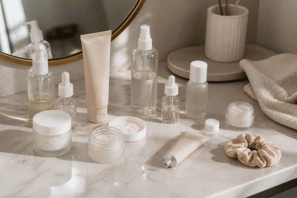 Cluttered vanity with open products