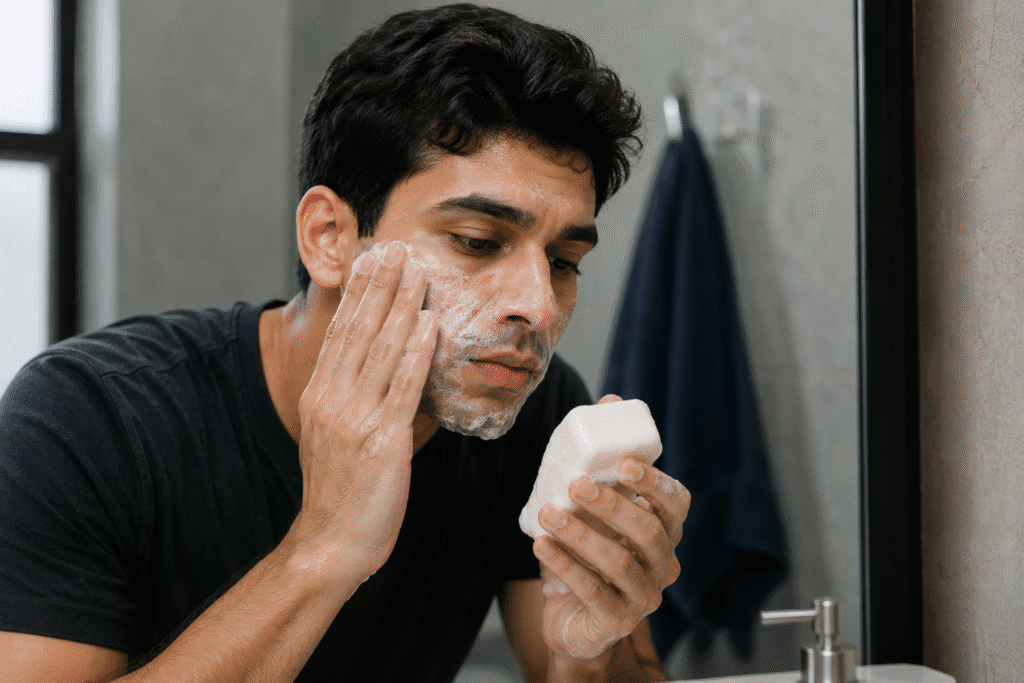 Man using regular soap for his face