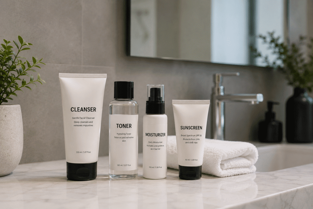 skincare products flatlay