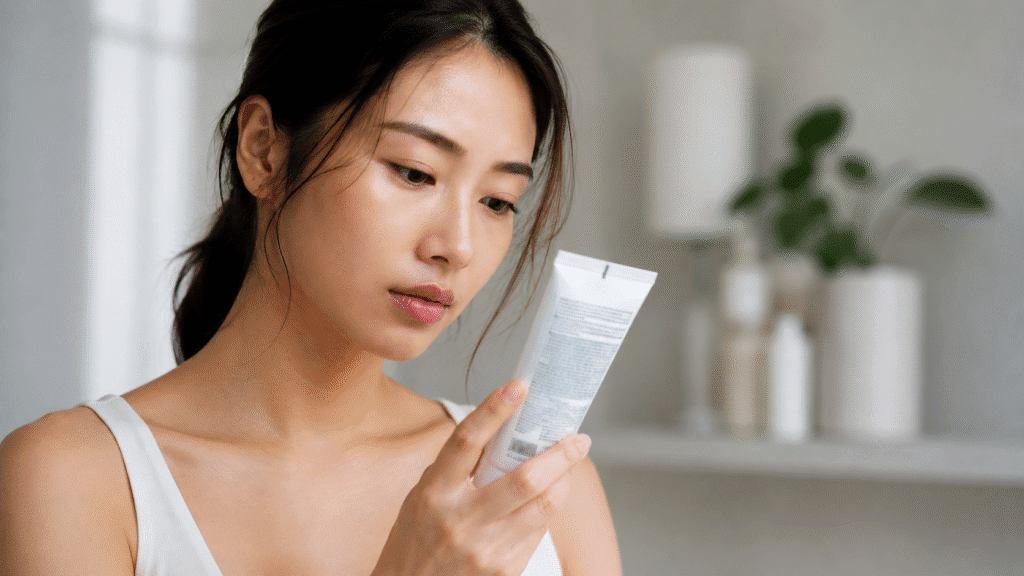 A girl reading a product description