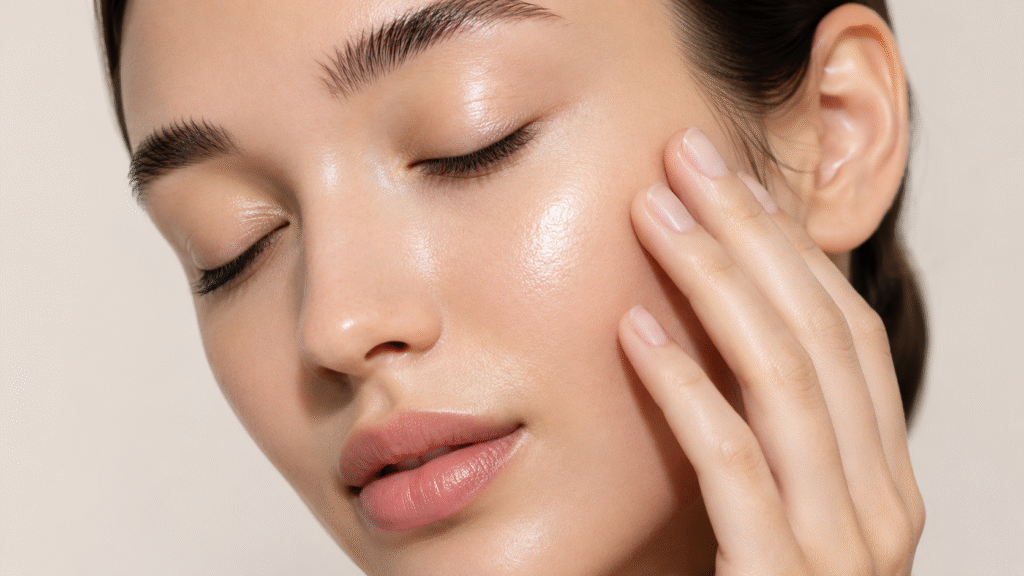 close up of a woman touching her moisturized glowing skin with eyes closed