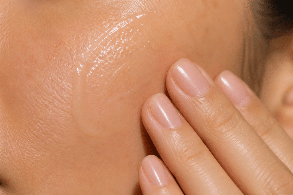 Close-up of skin with product absorbing 