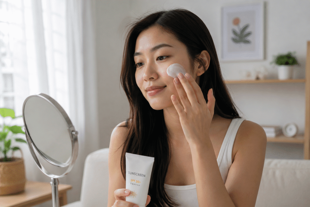 Woman applying sunscreen indoors.
