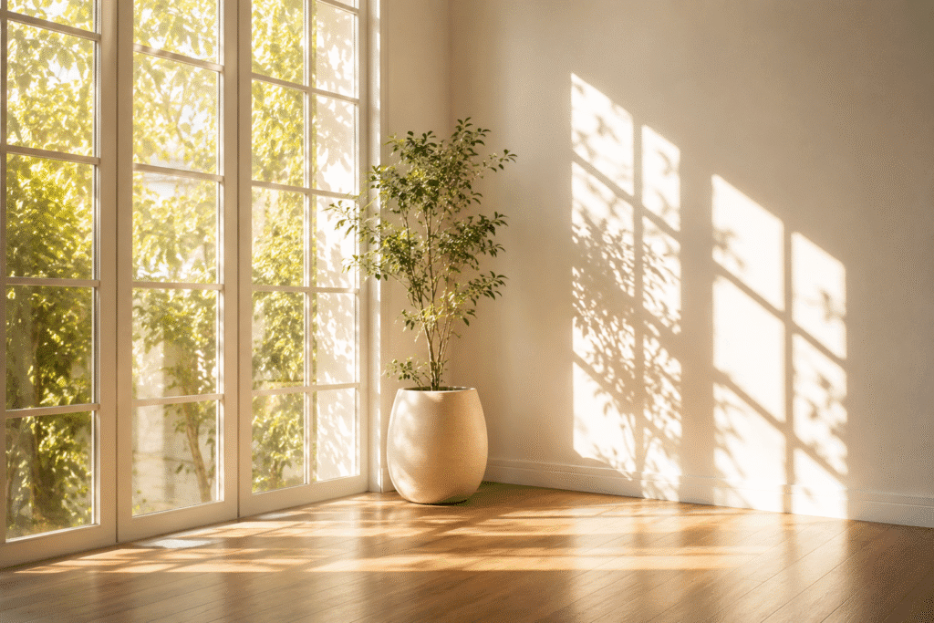 Sunlight passing through indoor windows.