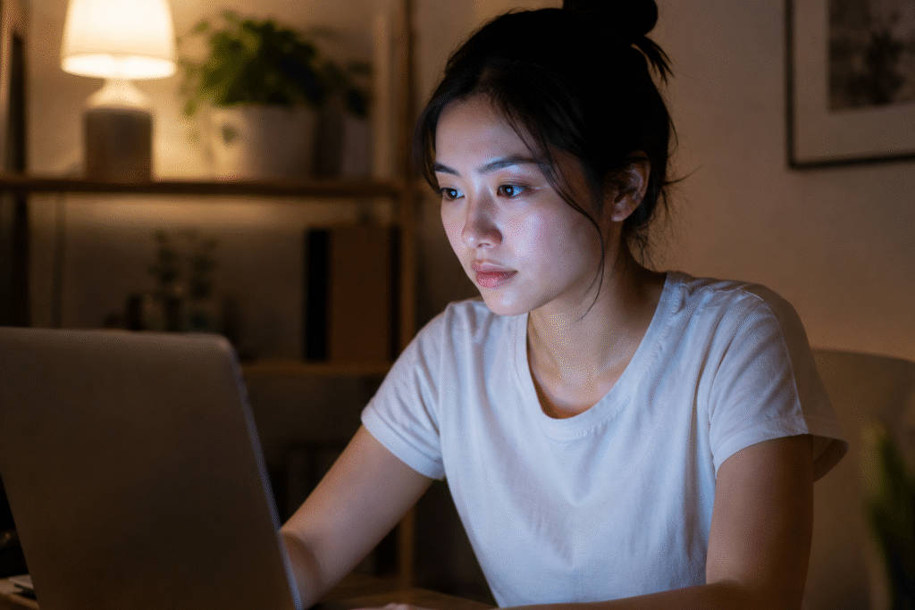 Woman using a computer with screen light on her face