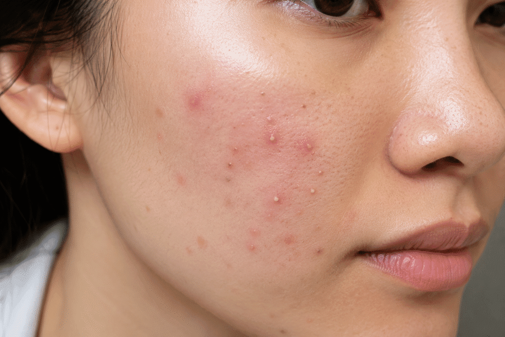 Close-up of skin experiencing purging breakouts.