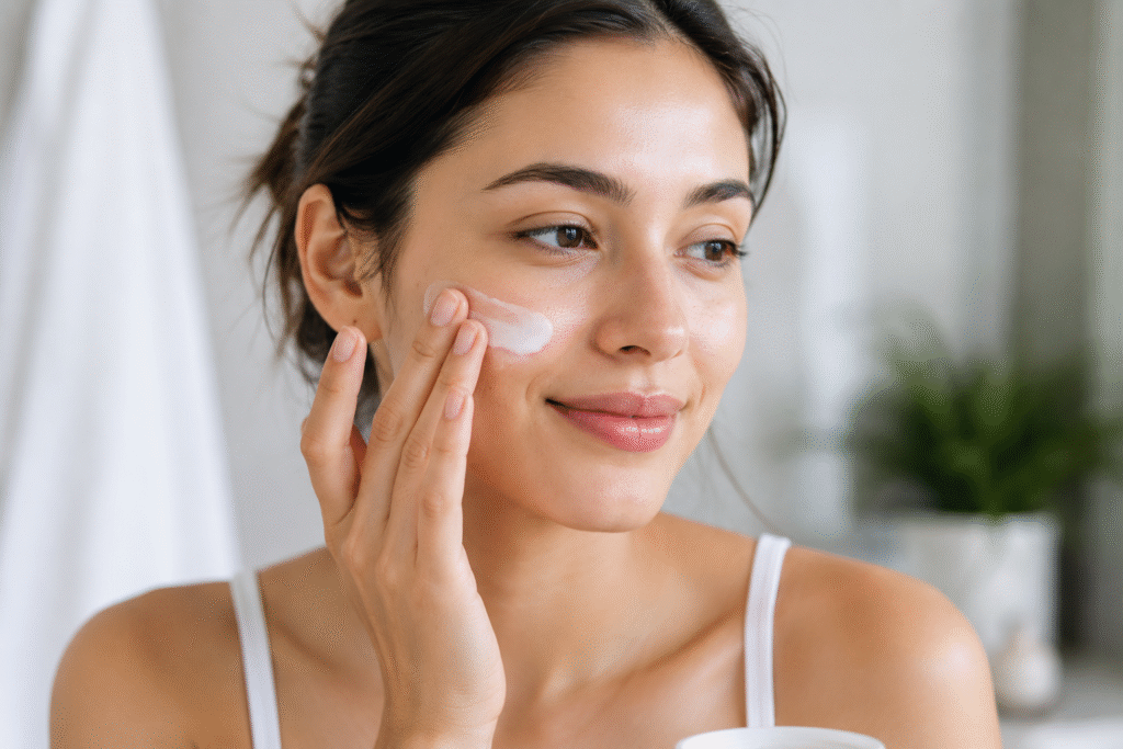 Woman applying moisturizer to her face.