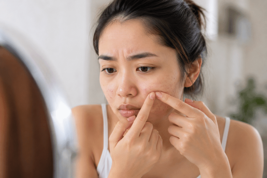 Woman picking a pimple on her face.