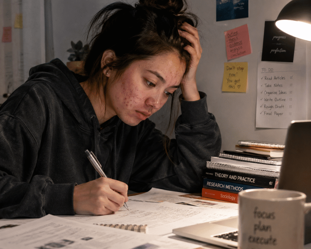 Can Lack of Sleep Cause Acne? Science and Skin Tips 4 A girl cramming for her paper works