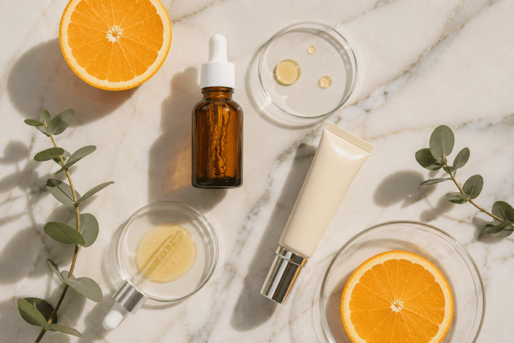 Flat lay image of retinol and vitamin c