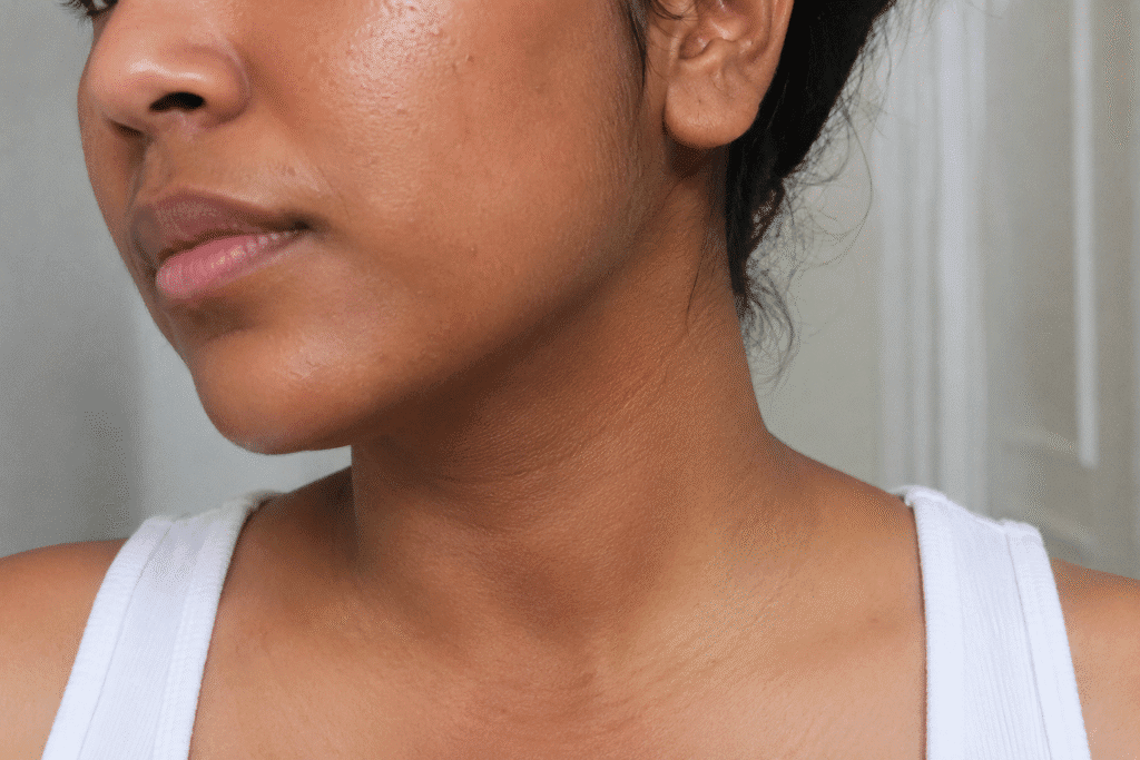 Close up photo of face that is darker than neck