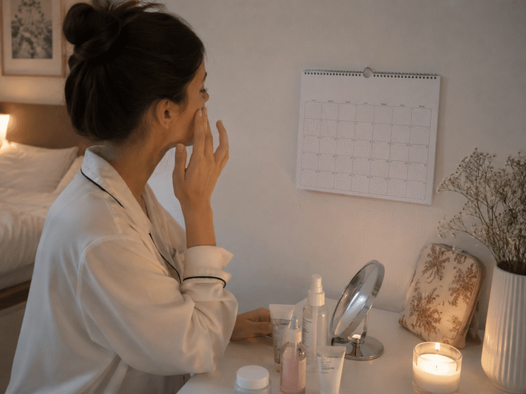 Skin Cycling Routine: A Smarter Way to Care for Your Skin 2 A girl doing her skincare while looking at the calendar