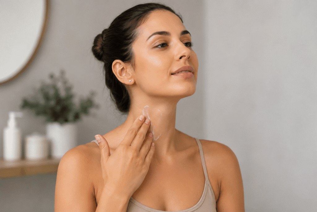 A woman applying skincare product to her neck